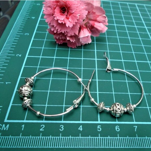 2/$25 Pretty Large Hoops earrings Tibet Antique Silver oxidized Bali beads - Picture 4 of 5